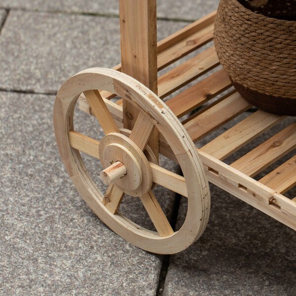 Vintiquewise Solid Wood Decor Display Rack Cart Wood Plant Stands, 2 Wheeled Wood Wagon with Shelves - QI004293