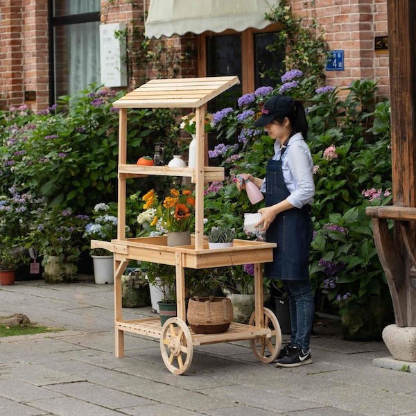 Vintiquewise Solid Wood Decor Display Rack Cart Wood Plant Stands, 2 Wheeled Wood Wagon with Shelves - QI004293