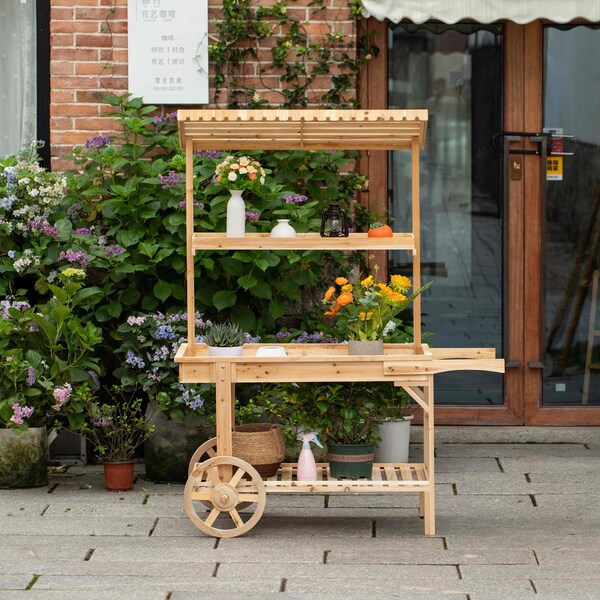 Vintiquewise Solid Wood Decor Display Rack Cart Wood Plant Stands, 2 Wheeled Wood Wagon with Shelves - QI004293