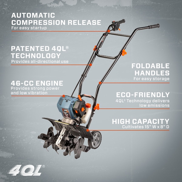 Senix 46 cc 4-Cycle Gas Powered Tiller Cultivator, 15-Inch Tilling Width, 8-Inch Tilling Depth - TL4QL-L1