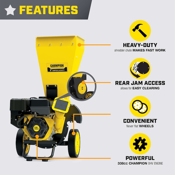 Champion Power Equipment 3-Inch Portable Chipper-Shredder with Collection Bag, 338cc Engine - 201353