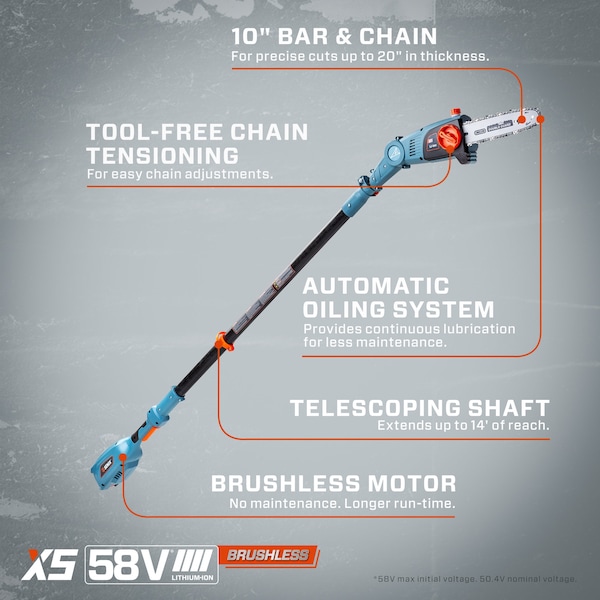 Senix 58V Max* Cordless Brushless Pole Saw, 10-inch Oregon bar and chain, Articulating Head (Tool Only) - CSPX5-M-0