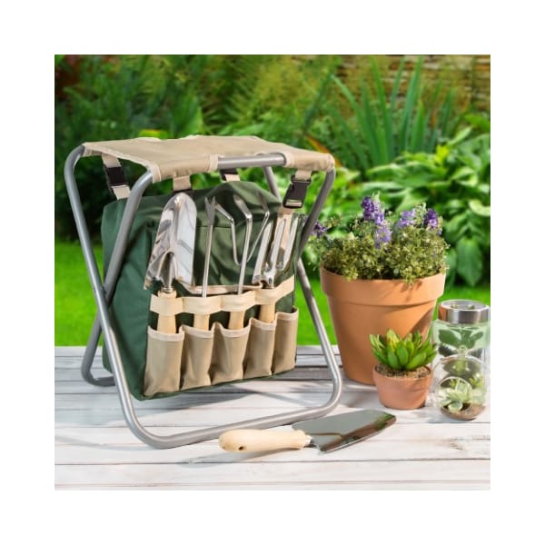 Nature Spring Garden Tool Set, Folding Stool 250 lb Capacity, Detachable 7 Pocket Bag & 5 Gardening Tools - 246155ZNJ