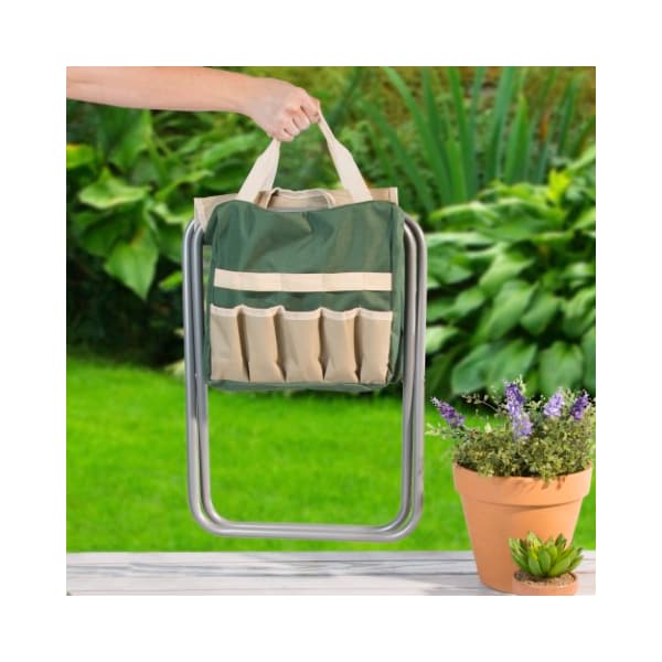 Nature Spring Garden Tool Set, Folding Stool 250 lb Capacity, Detachable 7 Pocket Bag & 5 Gardening Tools - 246155ZNJ