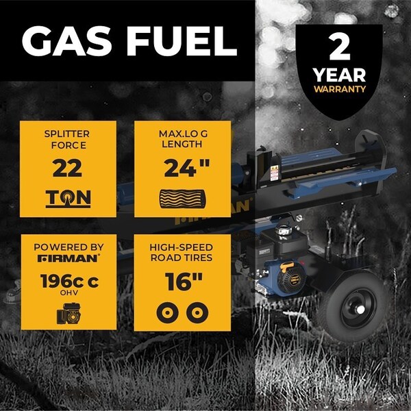 Firman Log Splitter, Gasoline, 0.9 gal Fuel Tank, 22 ton Splitting - GS2201
