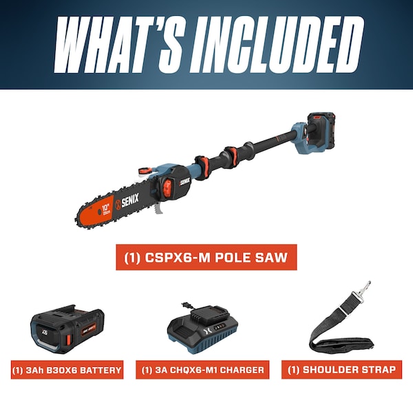 Senix 60 Volt Max 10-Inch Carbon Fiber Cordless Brushless Pole Saw, 3Ah Battery and 3A Charger Included - CSPX6-M