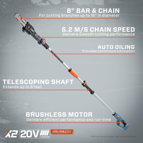Senix 20 Volt Max* 8-Inch Cordless Brushless Pole Saw, 7.5-ft Telescoping Handle & Articulating Head - CSPX2-M-0