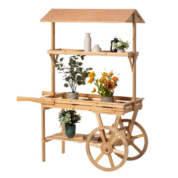 Vintiquewise Large Wooden 3 Tier Rolling Table Cart with 2 Wheels and Shelves - QI004292