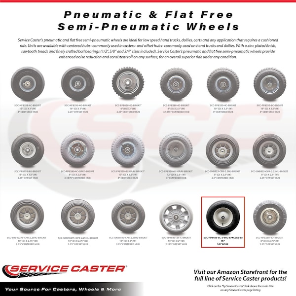 Service Caster 16" UNV Wheelbarrow Wheel w/5/8" Bore - Spacers for 3" to 6" Hub Length Included - SCC-FPB480-8C-3-6HL-SPACERS-58