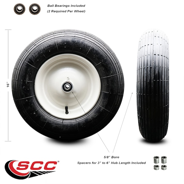 Service Caster 16" UNV Wheelbarrow Wheel w/5/8" Bore - Spacers for 3" to 6" Hub Length Included - SCC-FPB480-8C-3-6HL-SPACERS-58
