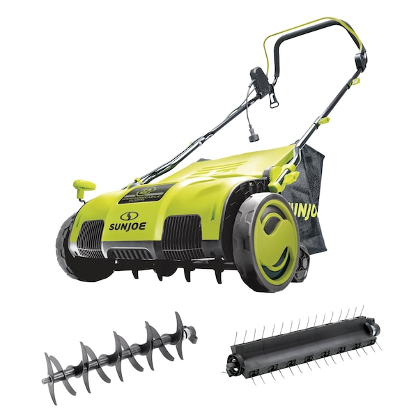 Sun Joe 15-Inch 13-Amp Electric Scarifier + Lawn Dethatcher w/13.2-Gallon Collection Bag - AJ805E