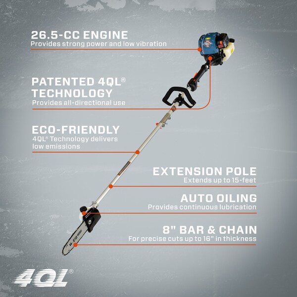 Senix 26.5 cc 4 Cycle Gas Powered Extendable Pole Saw, 8 in Oregon Bar and Chain, 15 ft Max. Reach - CSP4QL-L