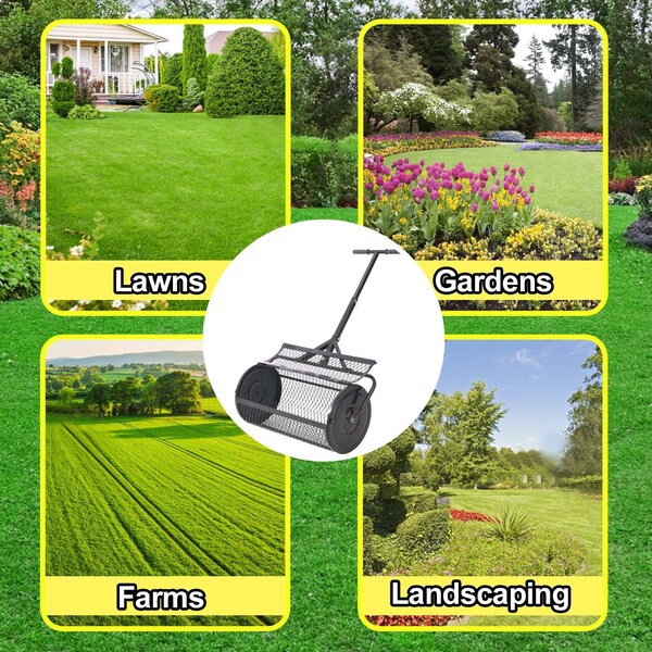 Edendirect 60 lbs. 24 inch Metal Mesh Peat Moss Handheld Spreader with T shaped Handle, Black - IR-W46580849