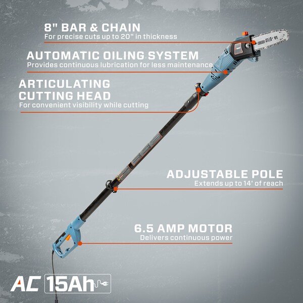 Senix 120 Volt Max* 6.5 Amp Corded Electric Pole Saw for Tree Trimming, 8-Inch Oregon Bar and Chain - CSPE6.5-M