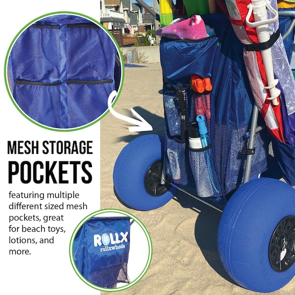 Rollx Big Balloon Wheel Foldable Beach Cart Storage Wagon for Sand, with 13'' Beach Tires, Blue - RLX1-1107