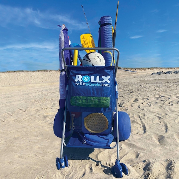 Rollx Big Balloon Wheel Foldable Beach Cart Storage Wagon for Sand, with 13'' Beach Tires, Blue - RLX1-1107