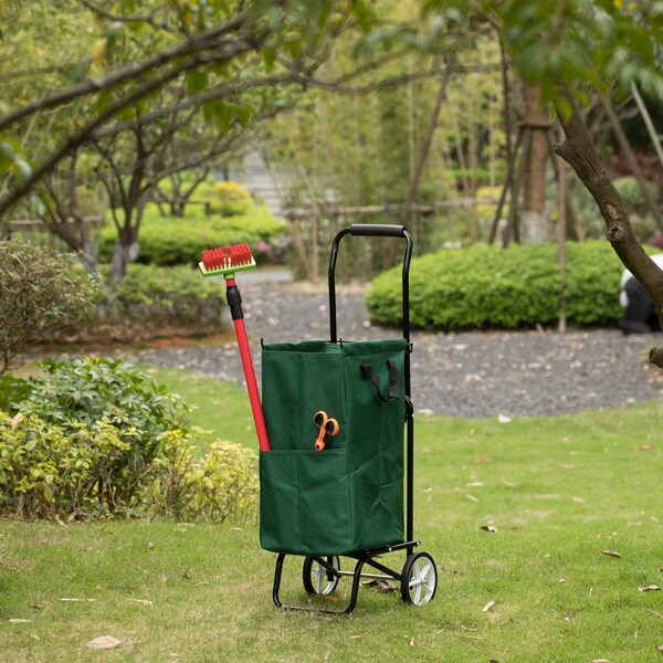 Gardenised Outdoor Steel Leaf Patio Lawn and Garden Storage Cart on Wheels, Green - QI004519