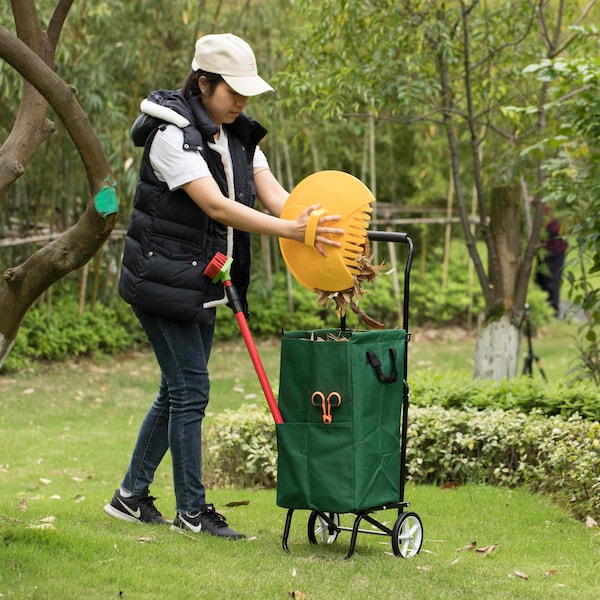 Gardenised Outdoor Steel Leaf Patio Lawn and Garden Storage Cart on Wheels, Green - QI004519