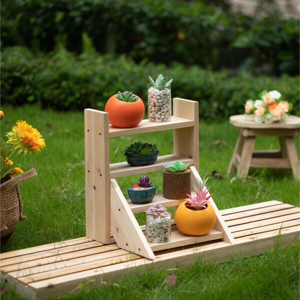 Vintiquewise Flower Pots Plant Stand, Multiple Shelves, Brown Flower Display Storage Rack - QI004296
