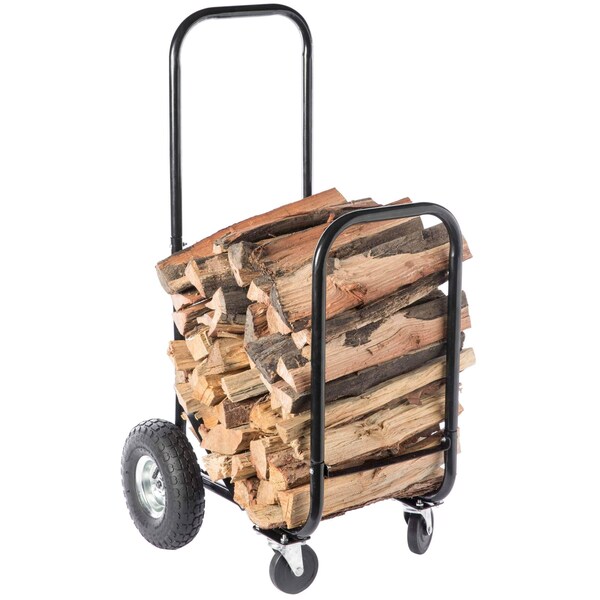 Gardenised Black Firewood Log Caddy Wood Rack Stacking Holder Storage Cart Mover with Cover - QI003733