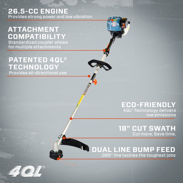 Senix 17.7-Inch 26.5 cc 4-Cycle Gas Powered String Trimmer, Straight Shaft, Dual .095 Line and Bump Feed - GTS4QL-L