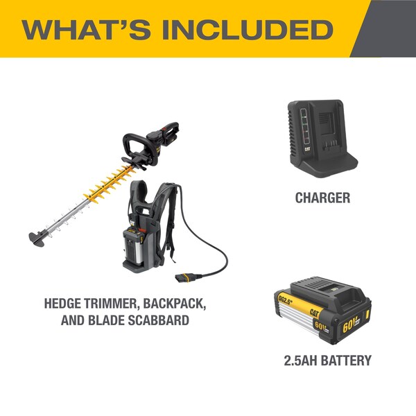 Caterpillar Cat 60V 25 in. Brushless 2-Speed Backpack Hedge Trimmer, 2.5ah Battery and Charger Included - DG620