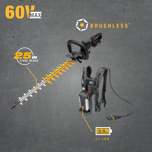 Caterpillar Cat 60V 25 in. Brushless 2-Speed Backpack Hedge Trimmer, 2.5ah Battery and Charger Included - DG620