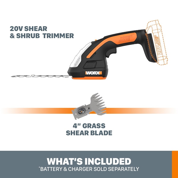 Worx 20V Power Share 4 in. Cordless Shear and 8 in. Shrubber Trimmer, Tool Only - WG801.9