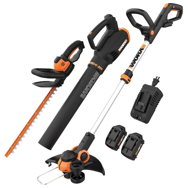 Worx Power Share 20V Cordless Grass Trimmer, Hedge Trimmer, and Blower Combo, Batteries Charger Included - WG931