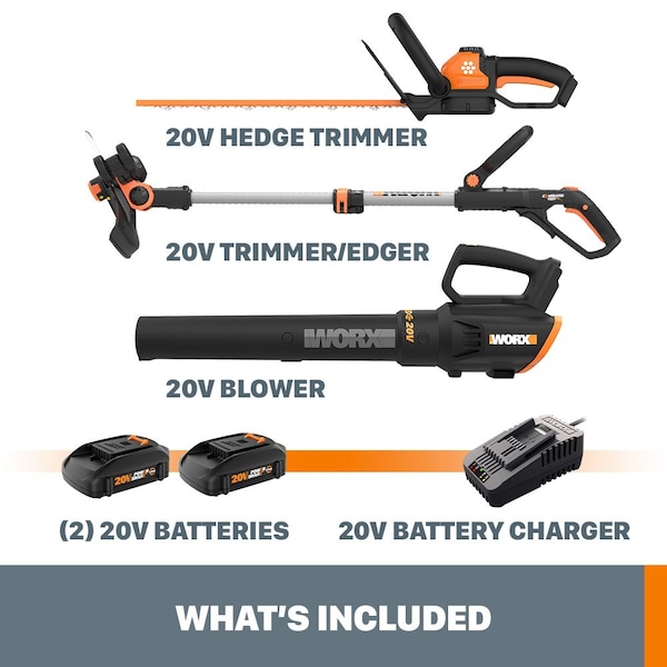 Worx Power Share 20V Cordless Grass Trimmer, Hedge Trimmer, and Blower Combo, Batteries Charger Included - WG931