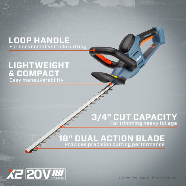 Senix Cordless Hedge Trimmer, 18 in L 20V Battery - HTX2-M-0