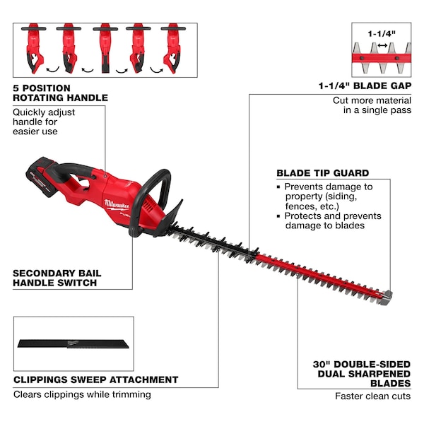 Milwaukee Tool Cordless Battery-Powered Hedge Trimmer Kit, Double-Sided 30 in L Blade - 3034-21