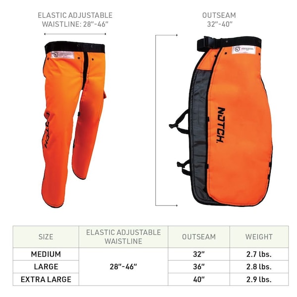 Notch Equipment Apron Style Chainsaw Chaps, Large, High-Visiblity Orange, Type A, 28-46 in Waist, 36 in Outseam - CCHAPR-L