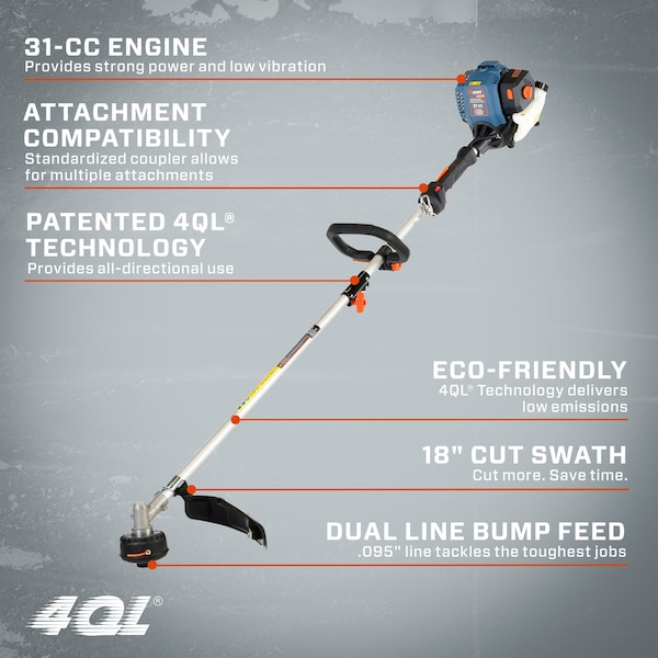 Senix 17.7-Inch 31 cc 4-Cycle Gas Powered String Trimmer, Straight Shaft, Dual .095 Line and Bump Feed - GTS4QL-M2