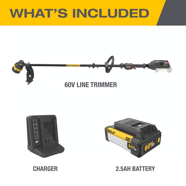 Caterpillar Cat 60V 15 in. Brushless Line Trimmer with Dual Line Bump Feed Head, 2.5ah Battery and Charger Included - DG610