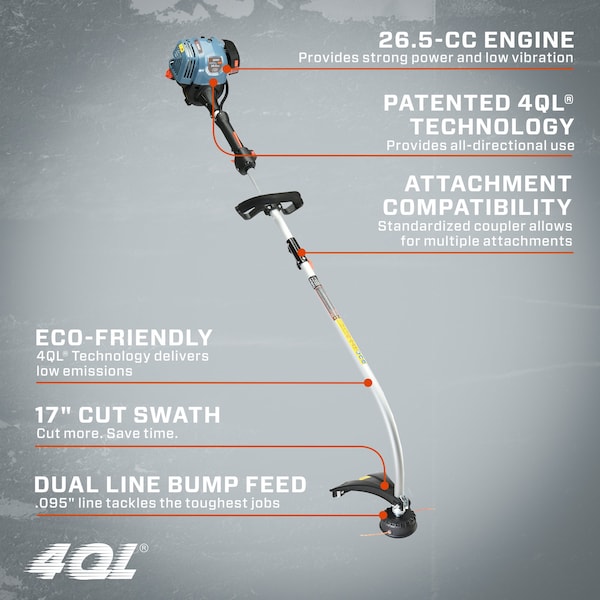 Senix 17 in 26.5 cc 4-Cycle Gas Powered String Trimmer, Curved Shaft, Front D-Handle, Dual .095 Line - GTC4QL-L