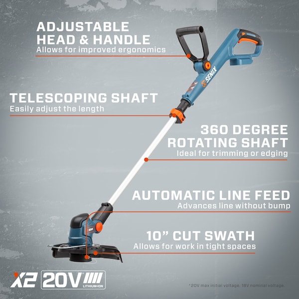 Senix 20 Volt Max* 10-inch Cordless Weed Eater, Rotating & Telescopic Shaft for Trimming and Edging - GTX2-M-0