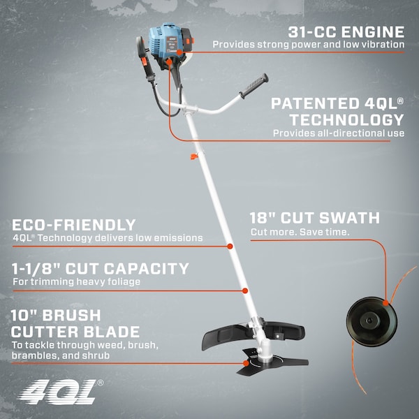 Senix 31 cc 4-Cycle Gas Powered 10-in Brush Cutter/17.7-in String Trimmer, Bump Feed - GTBCU4QL-M