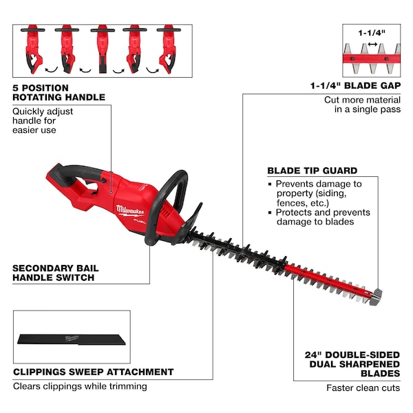 Milwaukee Tool Cordless Battery-Powered Hedge Trimmer, Double-Sided 24 in L Blade - 3033-20
