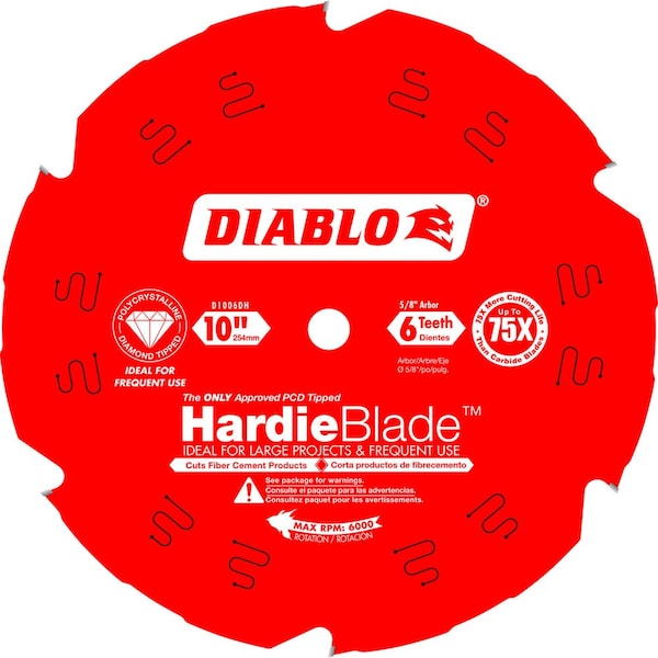 Diablo Pcd Fiber Cement Blade, 10 in dia x 6T - D1006DH
