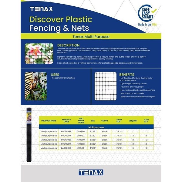 Tenax Multi-Purpose Net Roll, 50 ft L, 2 ft H, 0.75 x 0.1 in Mesh, Polypropylene, Black - 60041909