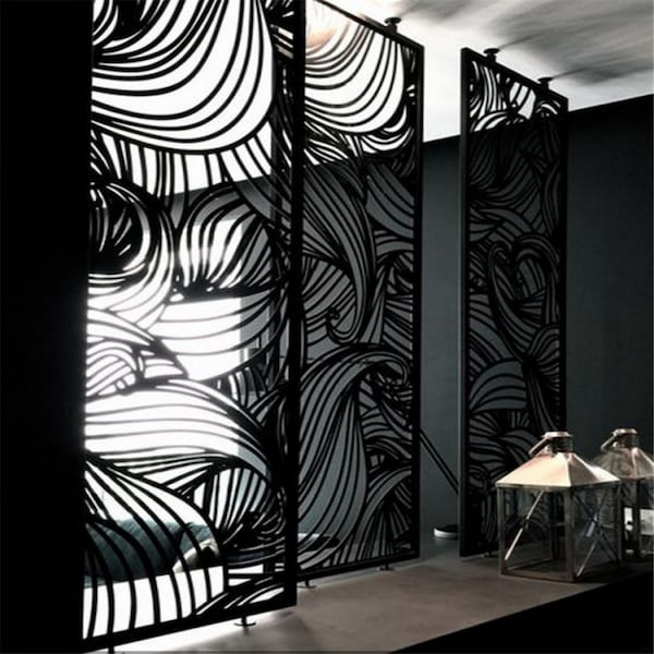 Highlanderhome LaserCut Metal Privacy Fence, WeepingWillow, Black, 48"x72"/Set - WEEPINGWILLOW_BLACK_3PCCOMBO
