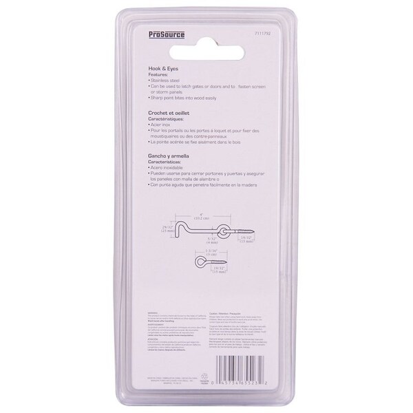Prosource Gate Hook and Eye, 5/32 in Dia Wire, 4 in L, Stainless Steel - LR-440S-PS