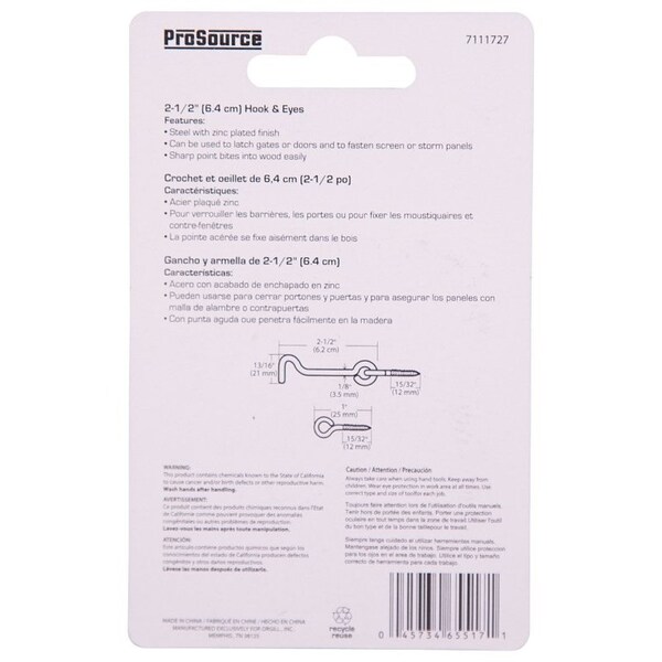 Prosource Gate Hook and Eye, 1/8 in Dia Wire, 2-1/2 in L, Steel - LR-408-PS