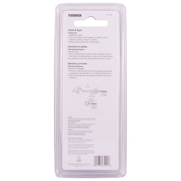 Prosource Gate Hook and Eye, 1/8 in Dia Wire, 2 in L, Stainless Steel - LR-407S-PS