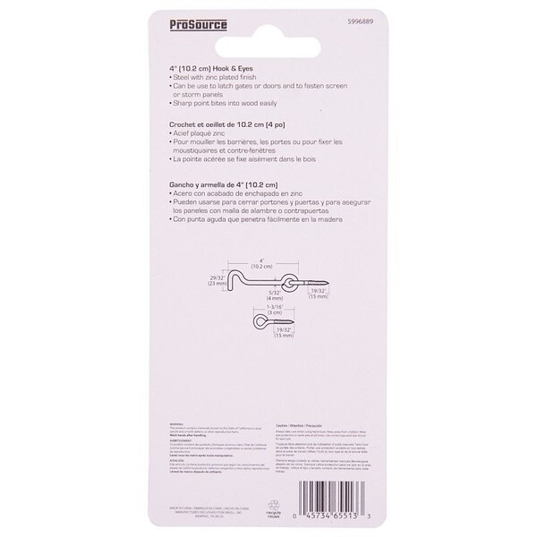 Prosource Gate Hook and Eye, 5/32 in Dia Wire, 4 in L, Steel - LR-419-PS