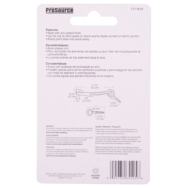 Prosource Gate Hook and Eye, 1/8 in Dia Wire, 2-1/2 in L, Steel - LR-411-PS