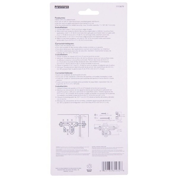 Prosource Bolt Latch, 1-1/8 in Bolt Head, 6-1/2 in L Bolt, Steel, Zinc - LR-173-PS