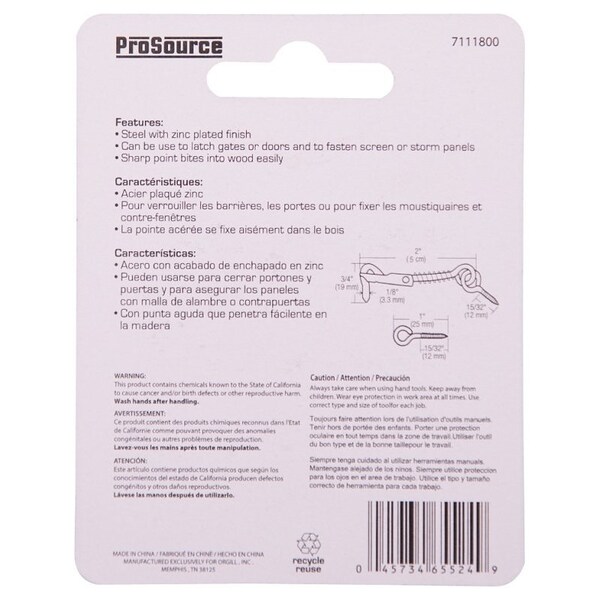 Prosource Gate Hook and Eye, 1/8 in Dia Wire, 2 in L, Steel - LR-410-PS