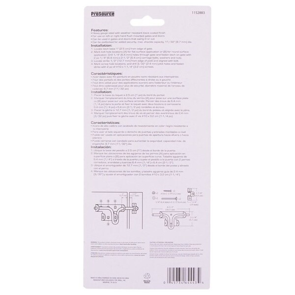 Prosource Bolt Latch, 1-1/8 in Bolt Head, 6-1/2 in L Bolt, Steel, Powder-Coated - 33189PKS-PS